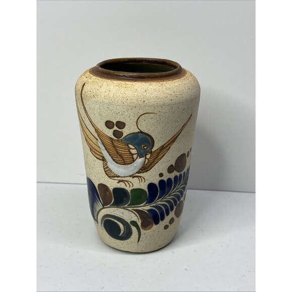 Mexican Tonala Art Pottery Vase Hand Painted Bird Ceramic Sandstone Folk Art - Picture 1 of 8